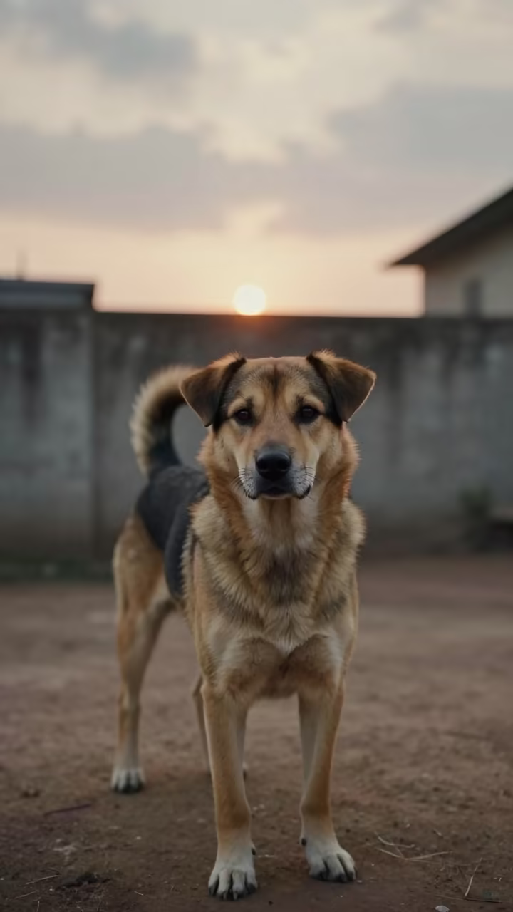 Attentive Working Kelpie Portrait in Ikeja Courtyard in beside a plain courtyard wall in clear daylight with the animal at eye level near Ikeja