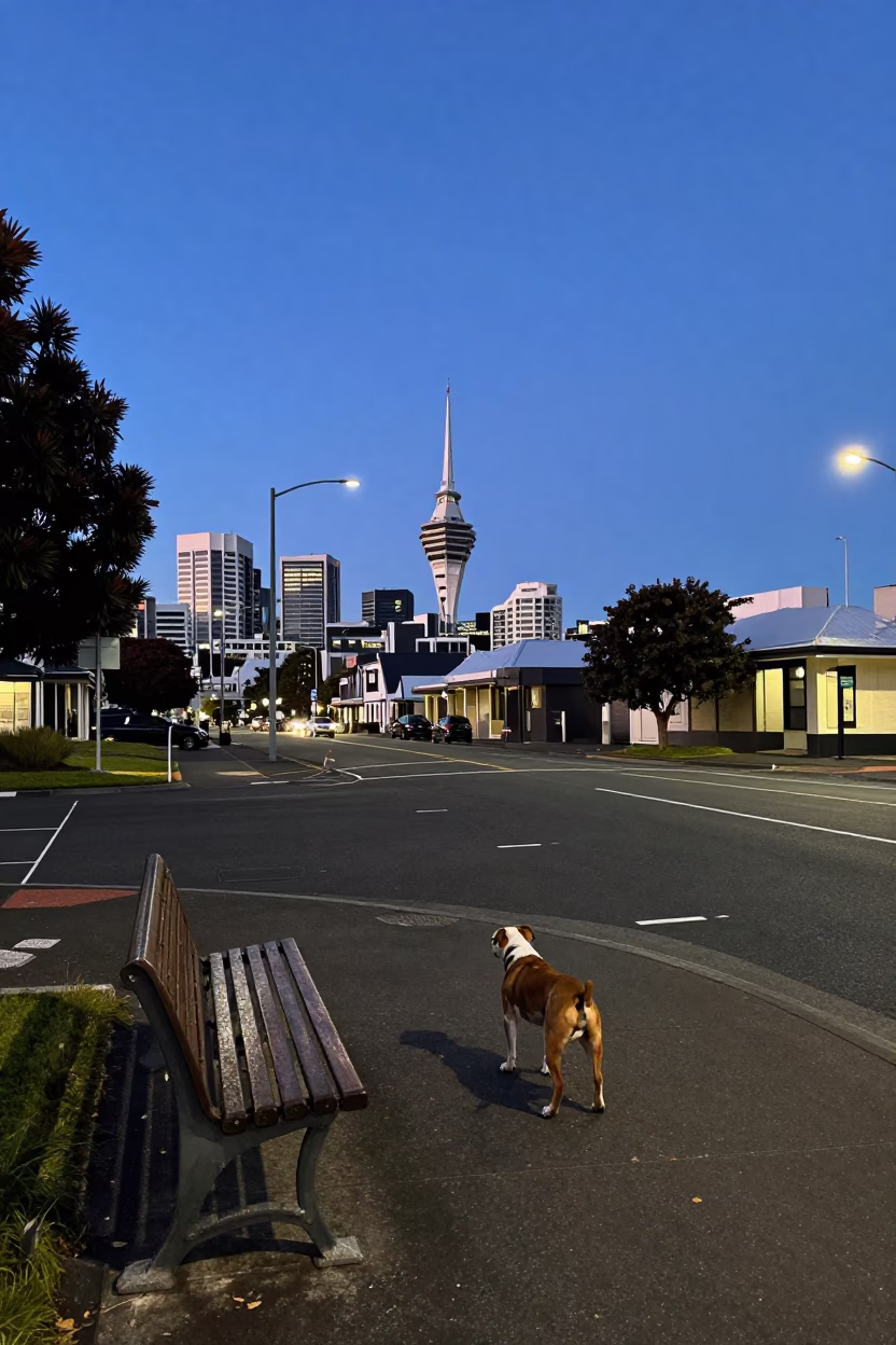 Auckland Blue Hour Street Scene with American Staffordshire Terrier and Bench in in Auckland, New Zealand