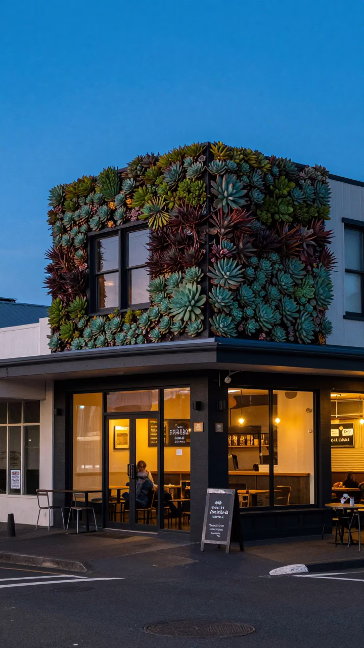 Auckland Blue Hour Street Scene with Cafe Living Wall and Local Pedestrians in in Auckland, New Zealand
