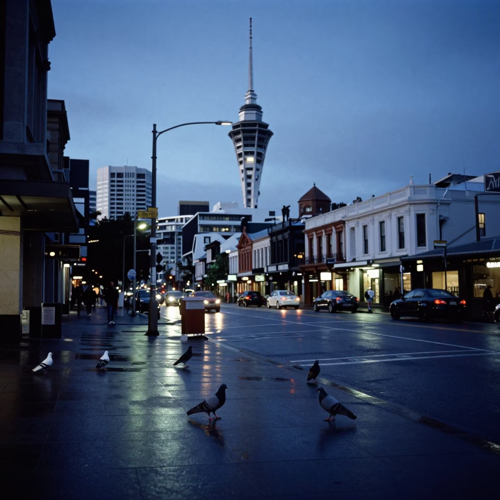 Auckland Blue Hour Street Scene with Pigeons and Urban Architecture in in Auckland, New Zealand
