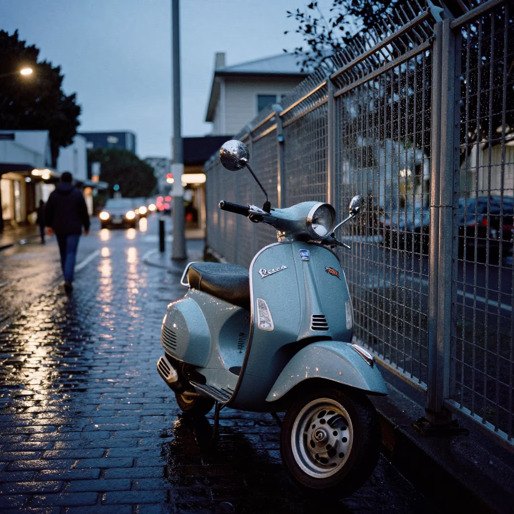 Auckland Blue Hour Street Scene with Vintage Vespa and Substation Fence Dew in in Auckland, New Zealand
