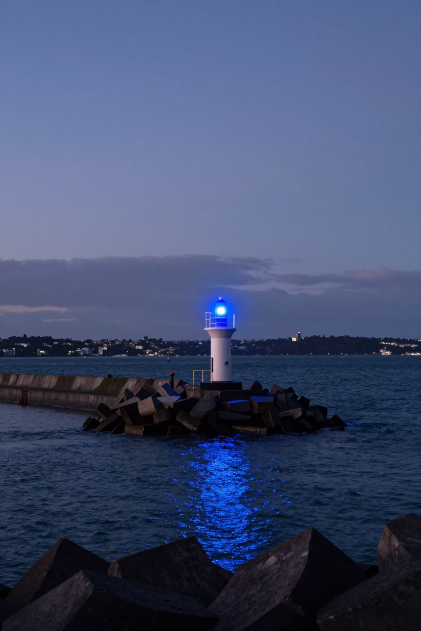 Auckland Breakwater Beacons Dusk Coastal Scene with Warning Lights in in Auckland, New Zealand