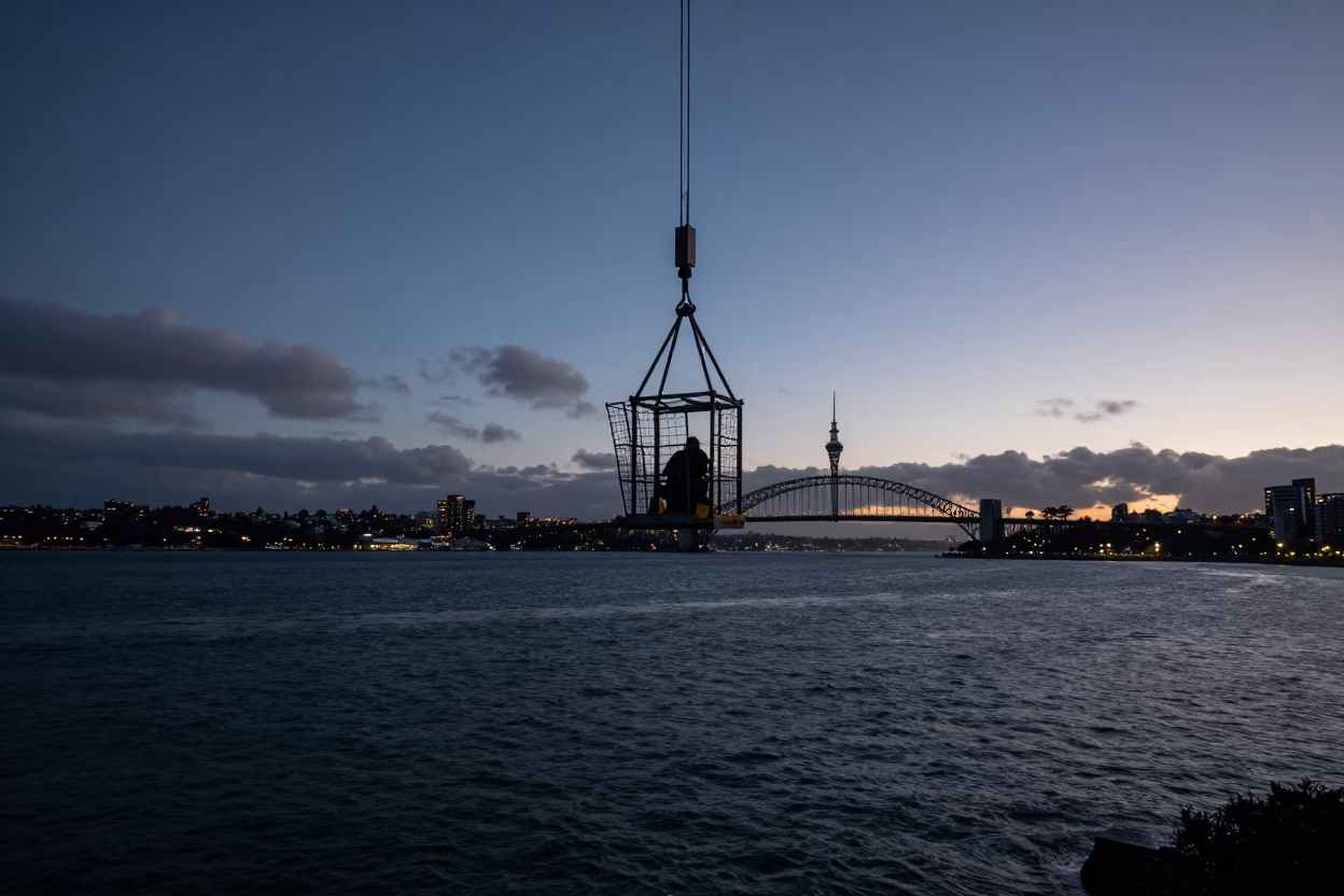 Auckland Bridge Maintenance Cage Swinging in Pre-Dawn Crosswind at Dawn in in Auckland, New Zealand