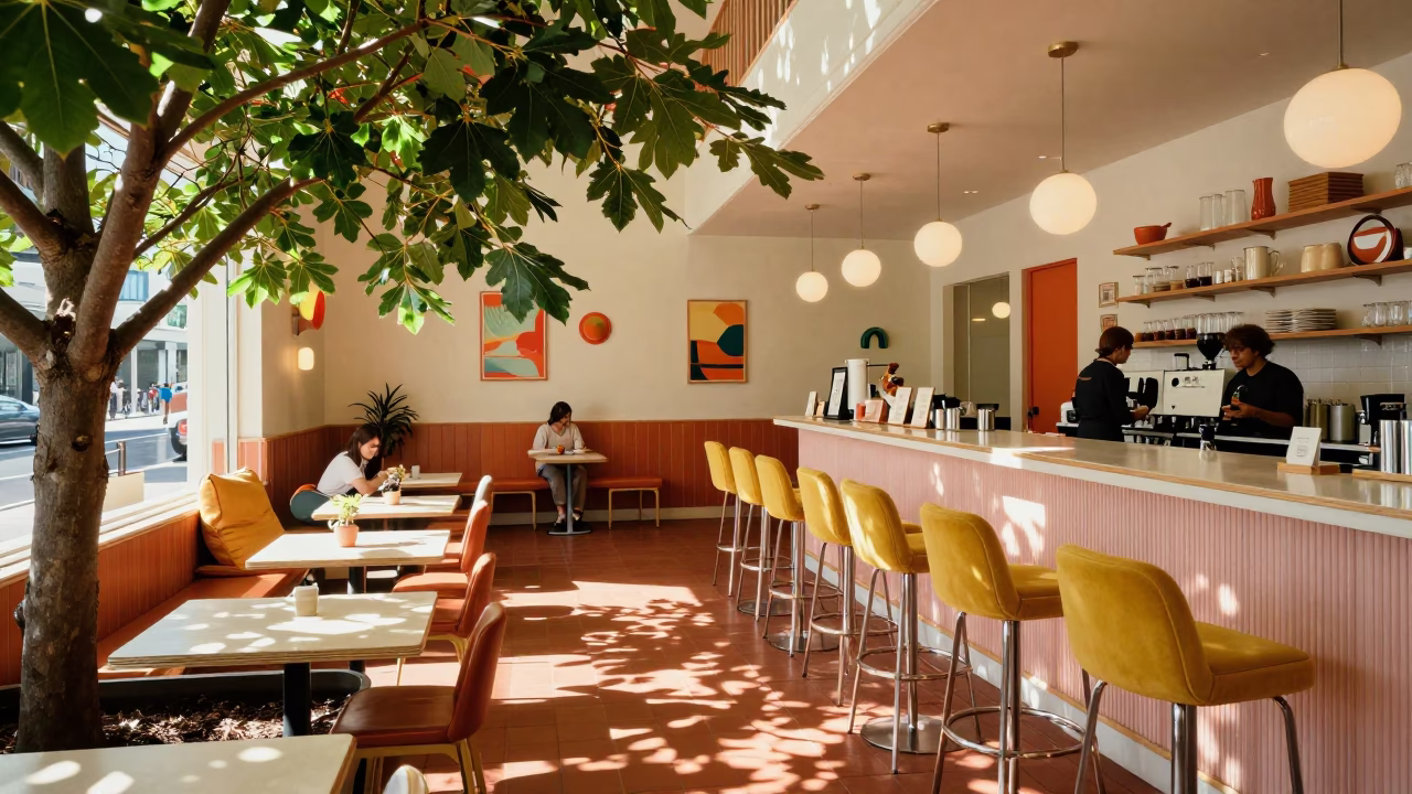 Auckland cafe interior with colorful 1970s decor and leaf shadows in in Auckland, New Zealand