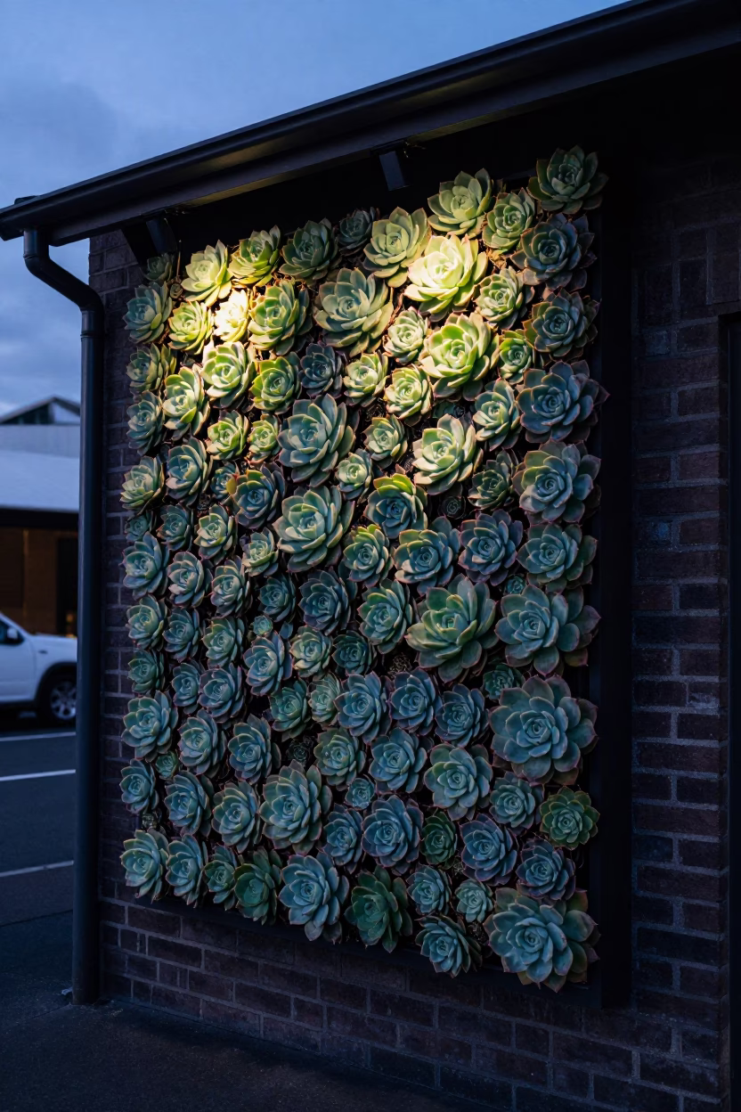 Auckland Cafe Living Wall Succulents in Indigo Twilight After Sunset in in Auckland, New Zealand