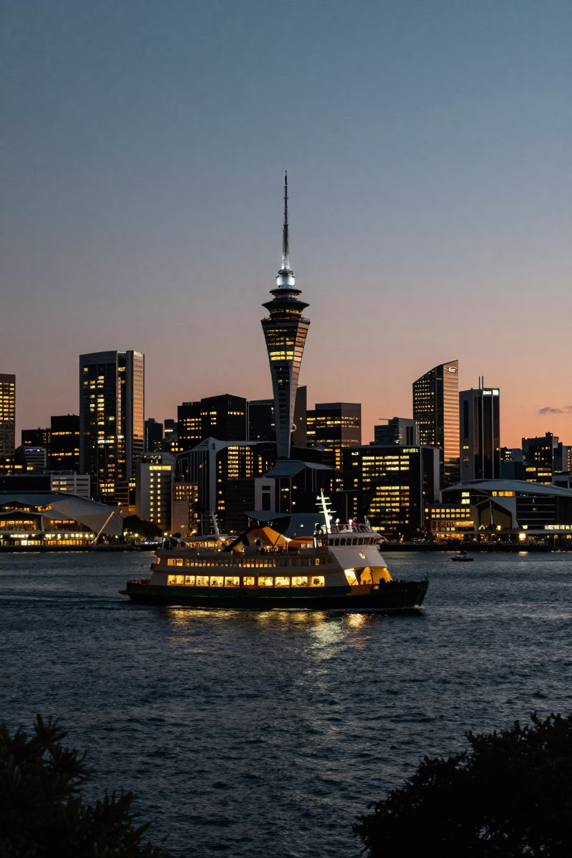 Auckland City Lights Glow Over Harbor Ferry and Urban Street Scene at Dusk in in Auckland, New Zealand