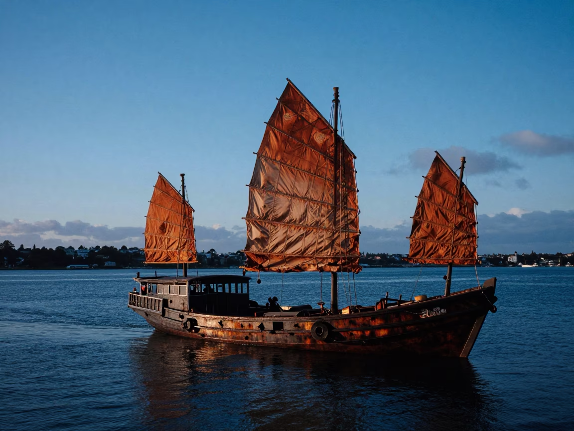 Auckland Dawn Harbor Scene with Chinese Junk and Rusty Kitchen Shelves in in Auckland, New Zealand
