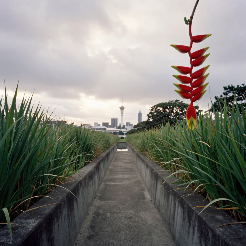 Auckland Dawn Heliconia Blooms and Concrete Canal with Reeds Under Low Clouds in in Auckland, New Zealand