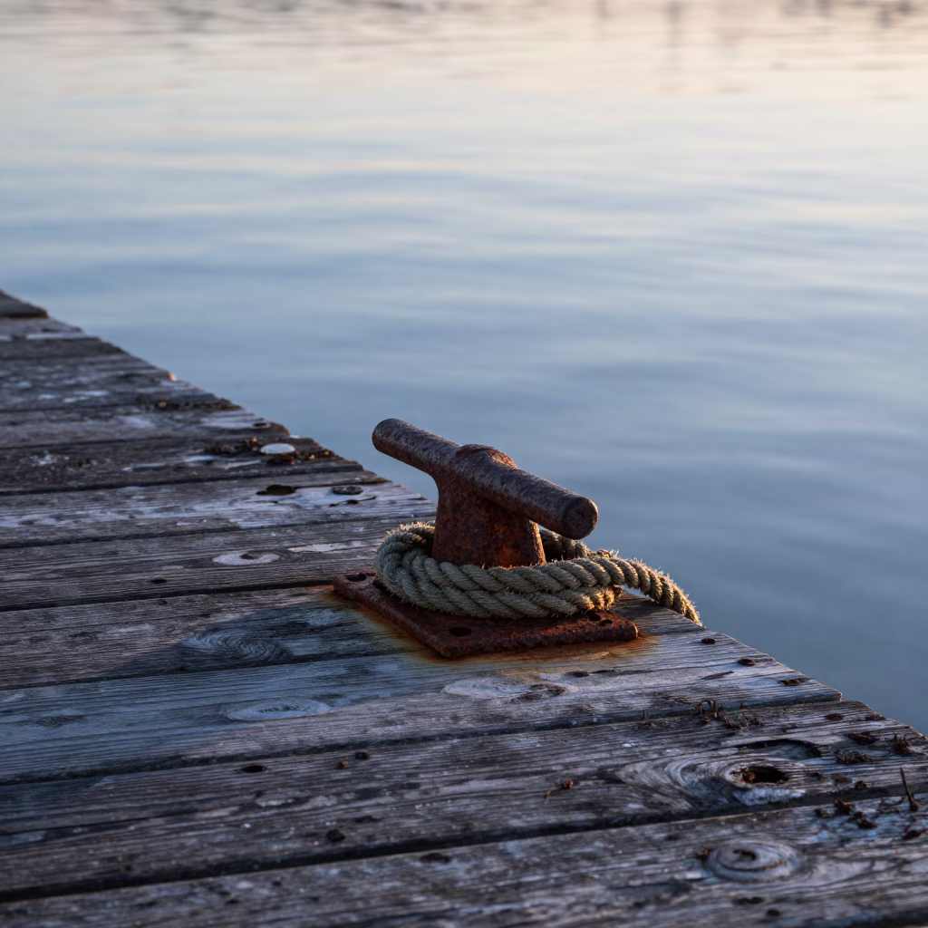 Auckland Dawn Light on Weathered Harbor Dock with Vintage Biscuit Tin and Coiled Rope in in Auckland, New Zealand