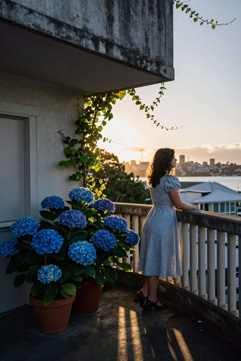 Auckland Dawn Light Reveals Potted Hydrangeas and Vine on Balcony in in Auckland, New Zealand