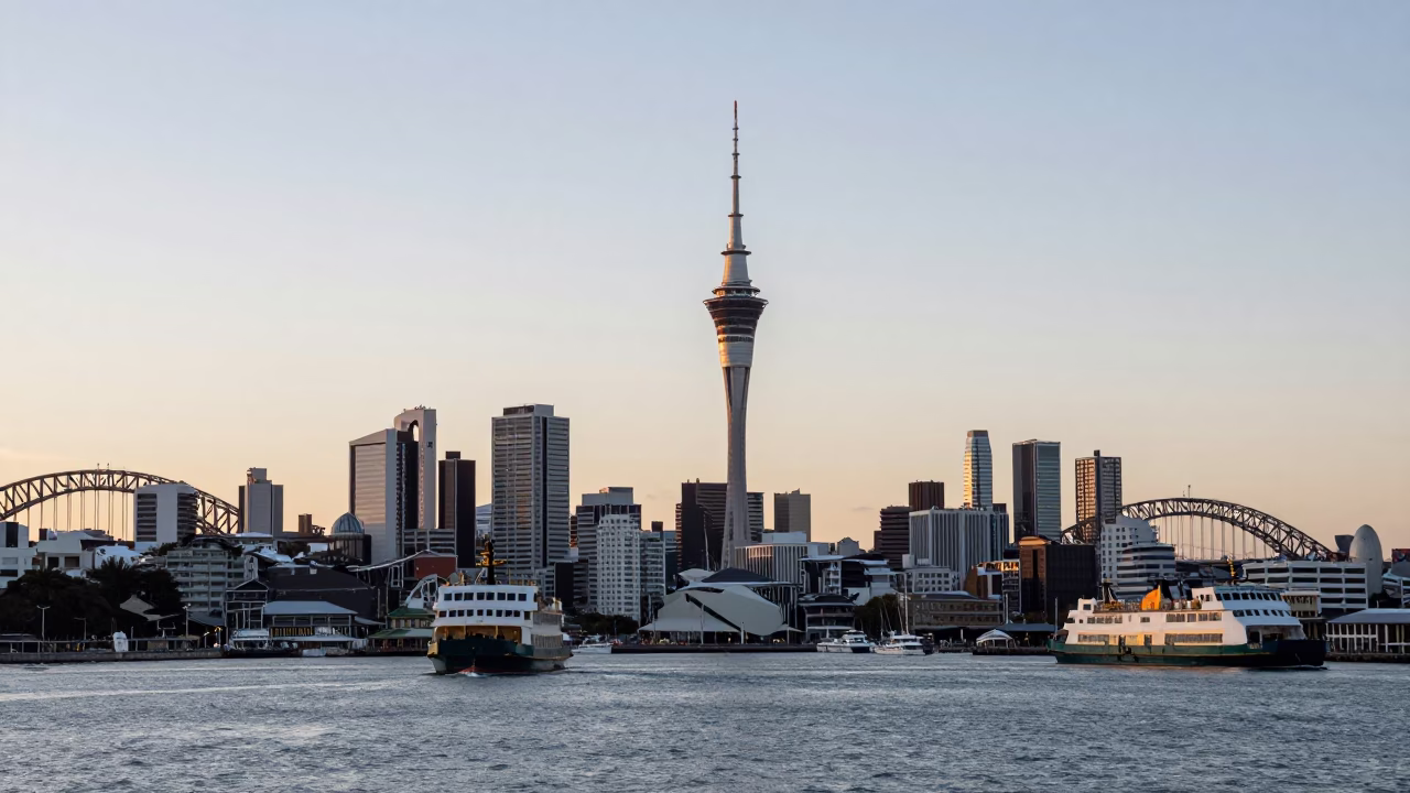Auckland Dawn Skyline View from Viaduct Harbour with Ferry and Harbour Bridge in in Auckland, New Zealand