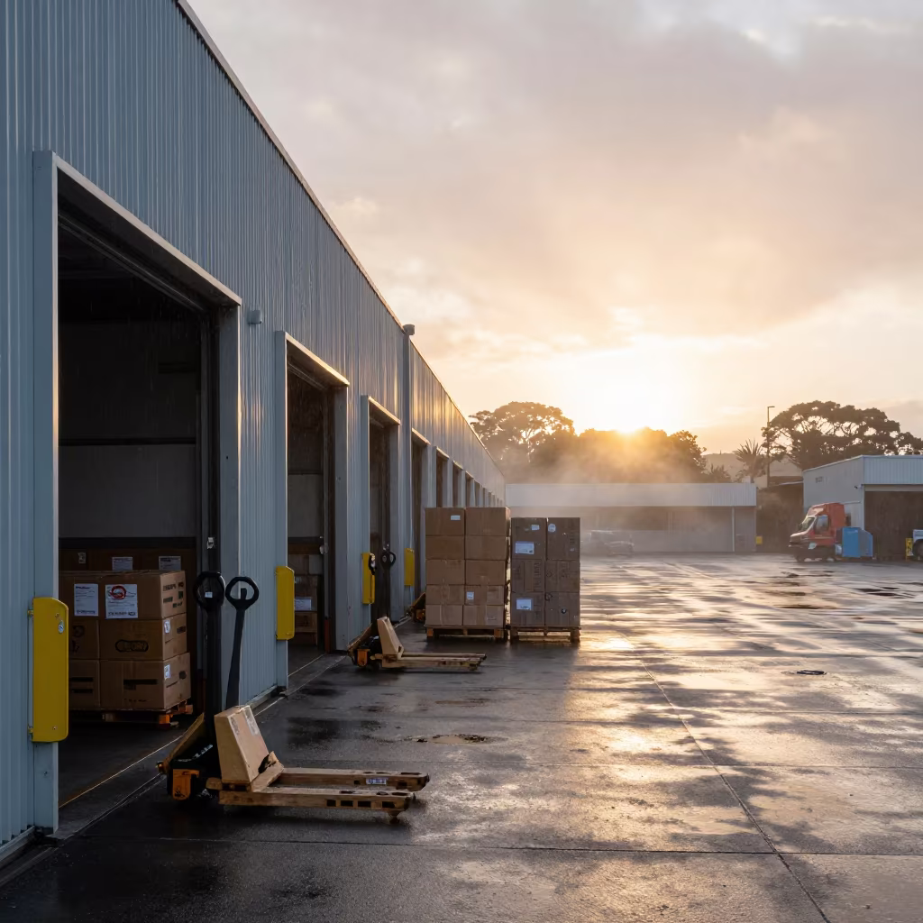 Auckland Depot Sunset Loading Dock Rain in at a delivery depot loading bay in Auckland