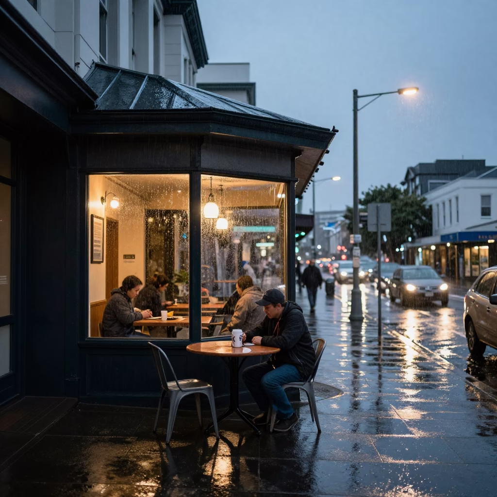 Auckland Dusk Street Scene with Rain and Local Life in in Auckland, New Zealand
