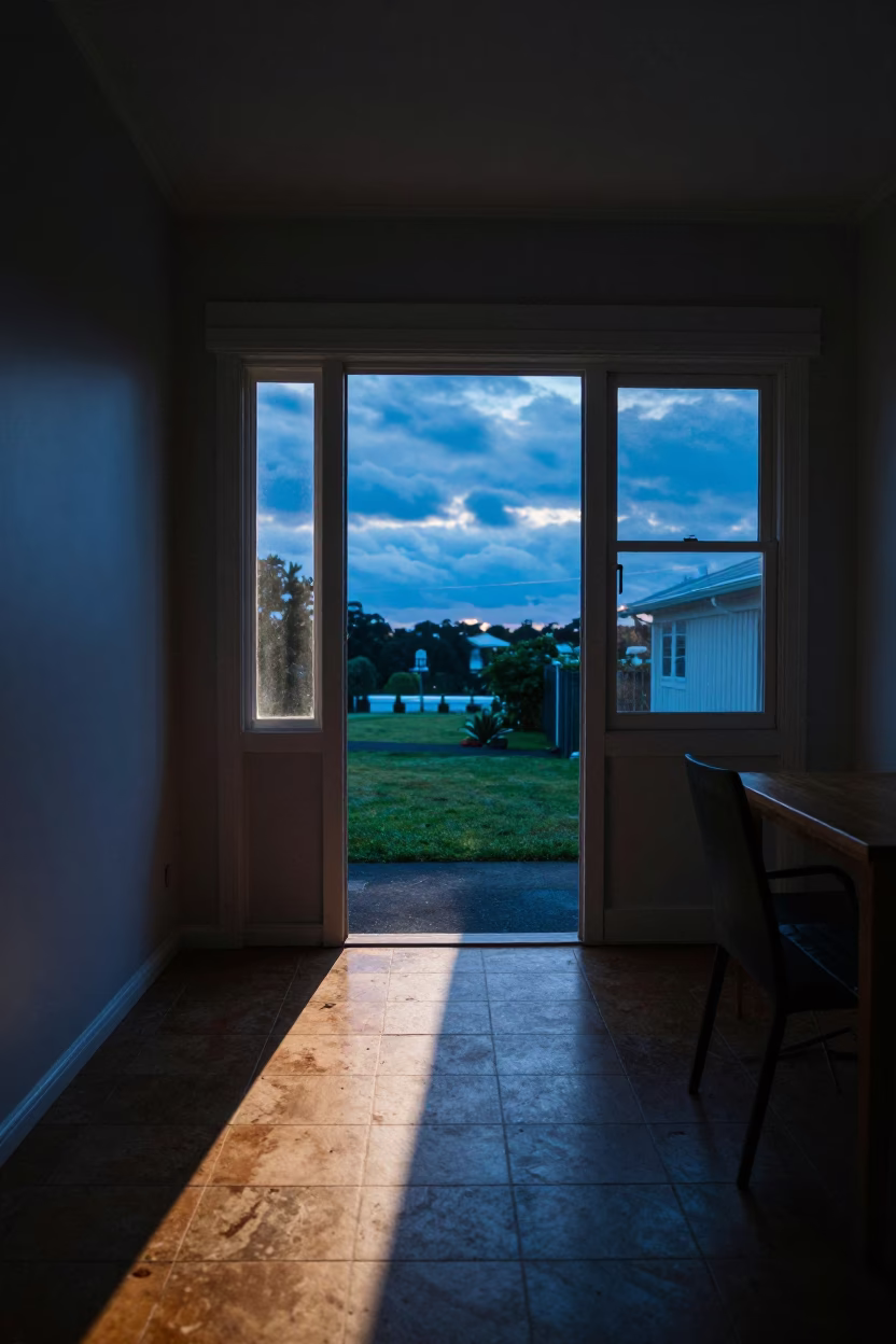 Auckland Evening Blue Hour Interior with Sun Stripe and Wicker Basket in in Auckland, New Zealand