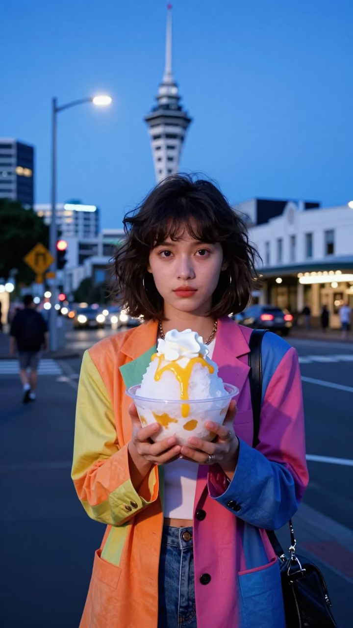 Auckland Evening Blue Hour Street Scene with Colorful Fashion and Local Details in in Auckland, New Zealand