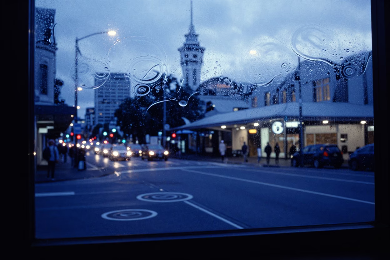 Auckland Evening Blue Hour Street Scene with Water Rings on Glass and Local Details in in Auckland, New Zealand