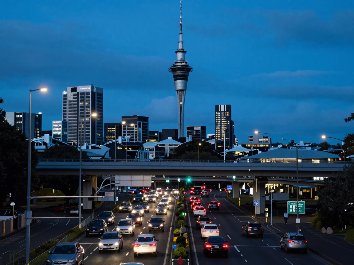 Auckland Evening Blue Hour Traffic Interchange Taillight Streaks and Urban Cityscape in in Auckland, New Zealand