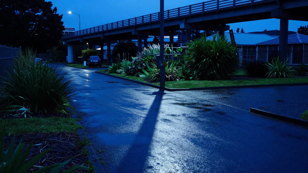 Auckland Evening Blue Light Viaduct Shadow Over Rain Wet Allotment Gardens in in Auckland, New Zealand