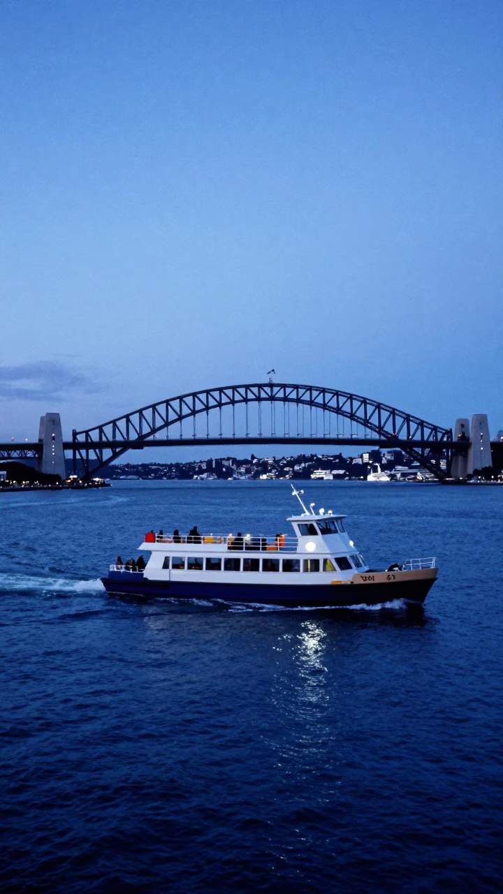 Auckland Evening Blue Light Water Taxi and Harbour Bridge Silhouette in in Auckland, New Zealand