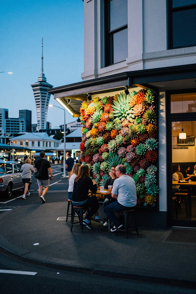Auckland Evening Harbor Scene with Succulent Cafe Wall and Brass Details in in Auckland, New Zealand