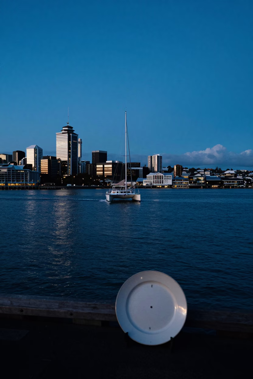 Auckland Evening Harbor View with Catamaran and Vintage Plate in in Auckland, New Zealand