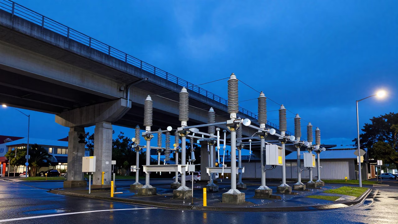 Auckland Evening Highway Flyover and Substation Insulators Under Blue Light in in Auckland, New Zealand