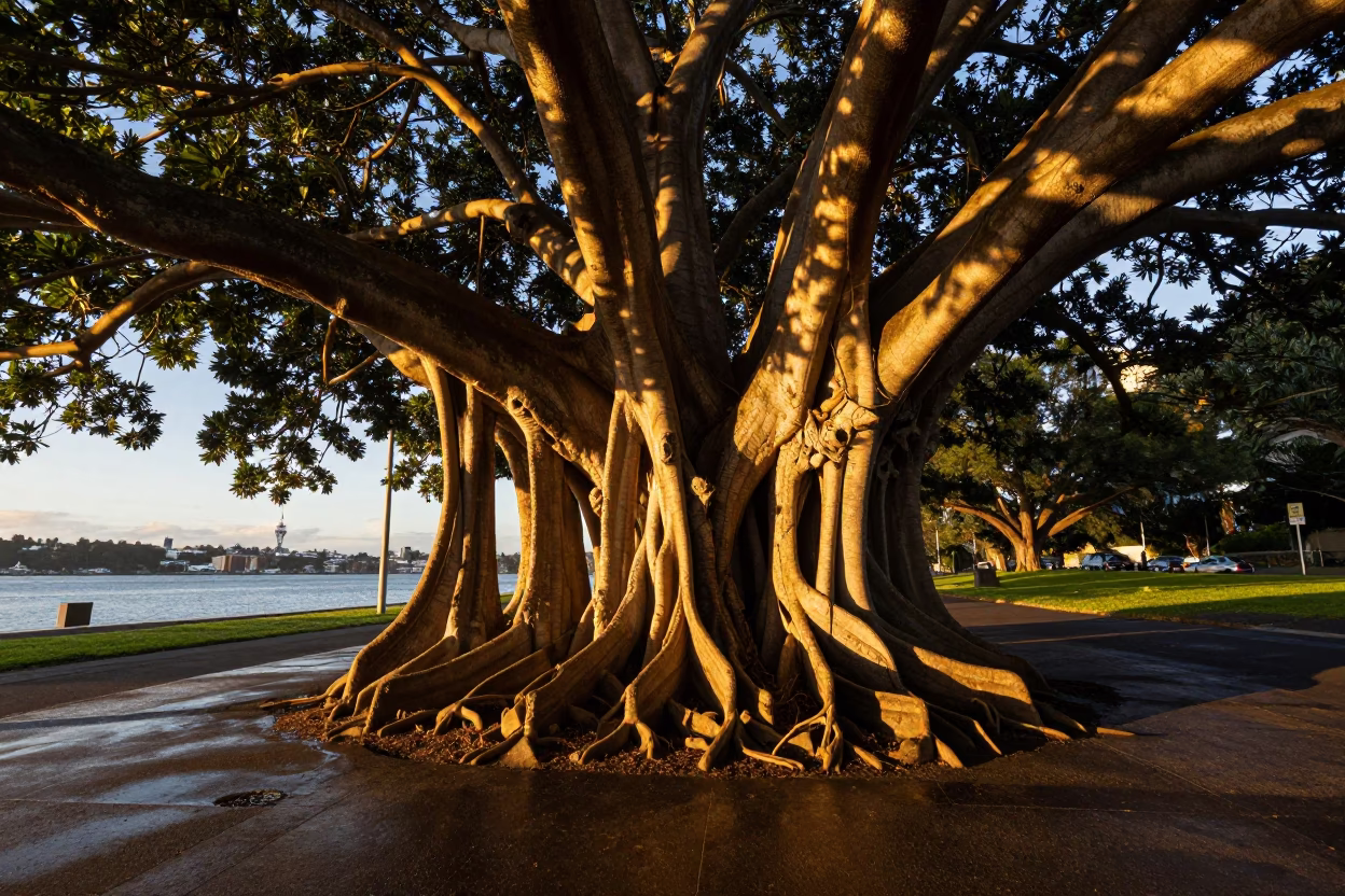 Auckland Evening Light Captures Kapok Tree Buttress Roots Near Harbor Waterfront Promenade in in Auckland, New Zealand