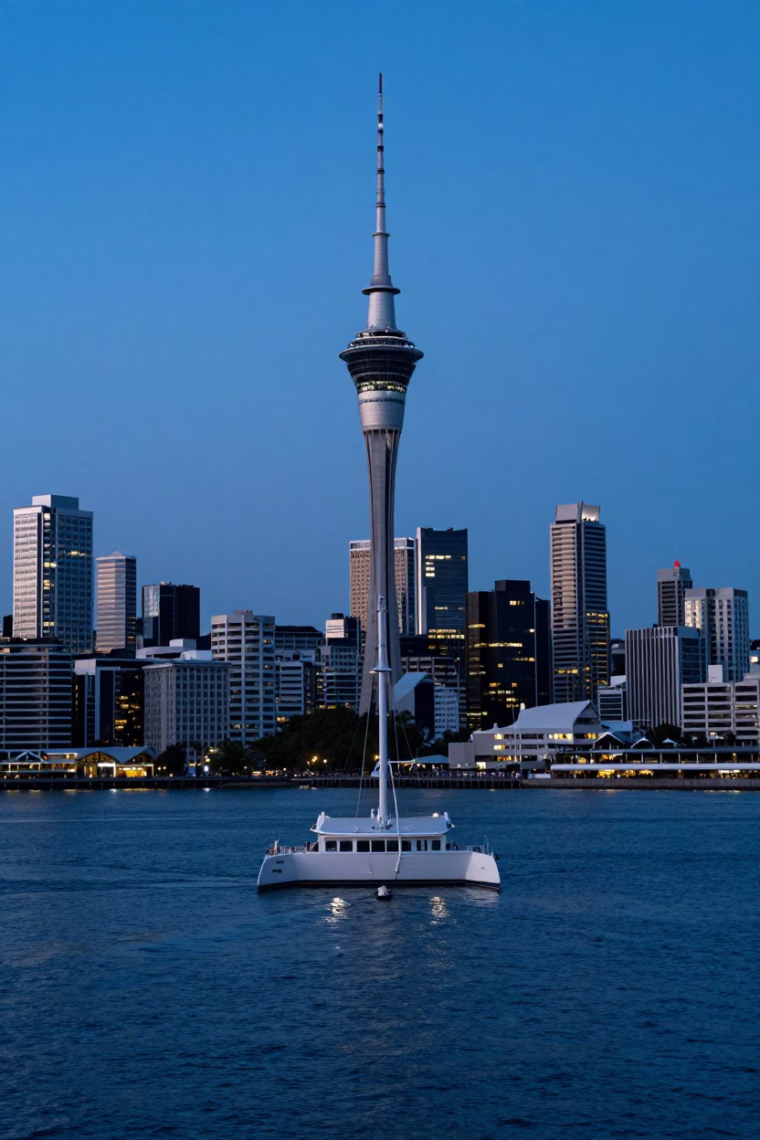 Auckland Evening Skyline with Catamaran Crossing Harbour Under Blue Light in in Auckland, New Zealand