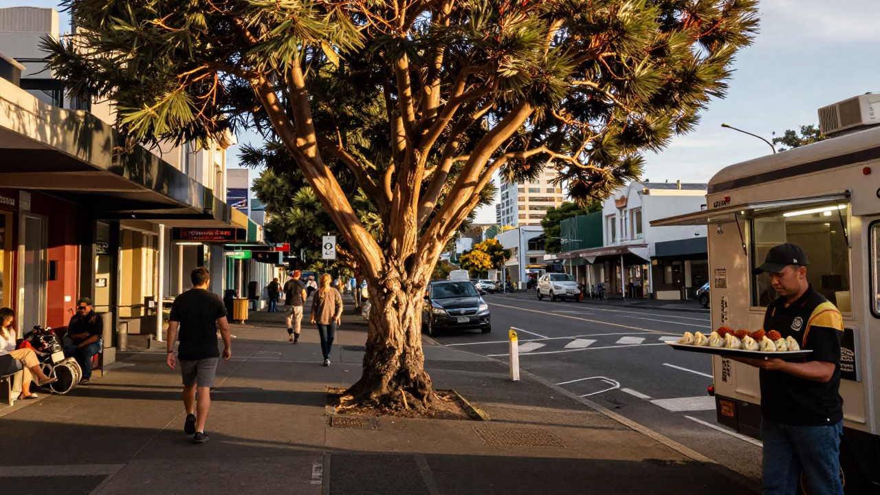 Auckland Evening Street Scene with Copper Beech Tree and Local Diner in in Auckland, New Zealand