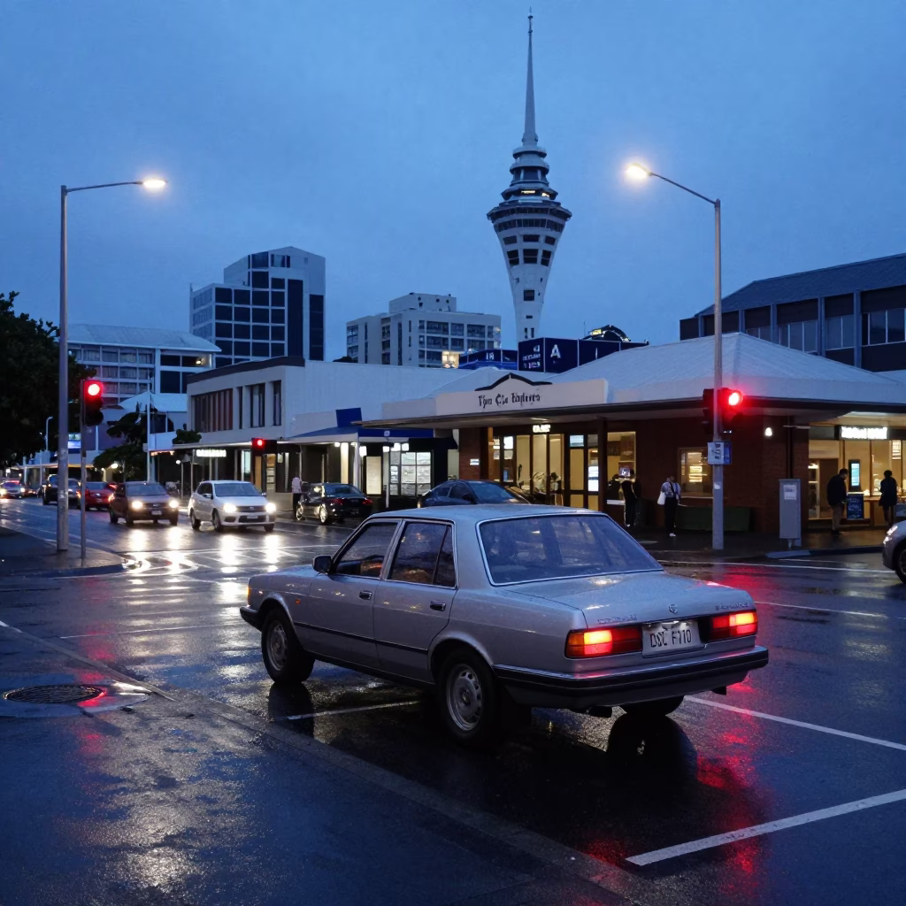Auckland Evening Street Scene with Vintage Car and City Lights in in Auckland, New Zealand