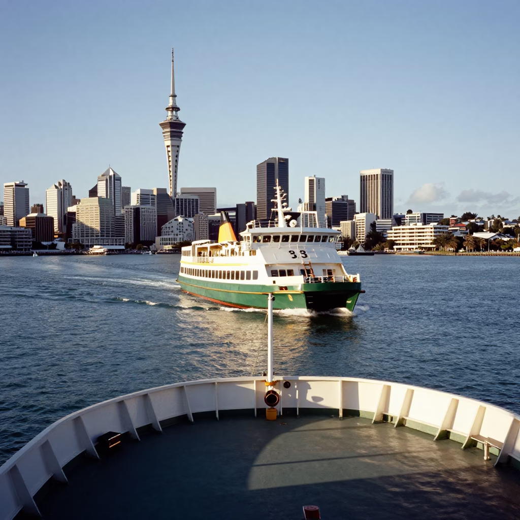 Auckland Ferry Approaching Downtown Skyline in Late Afternoon Light in in Auckland, New Zealand