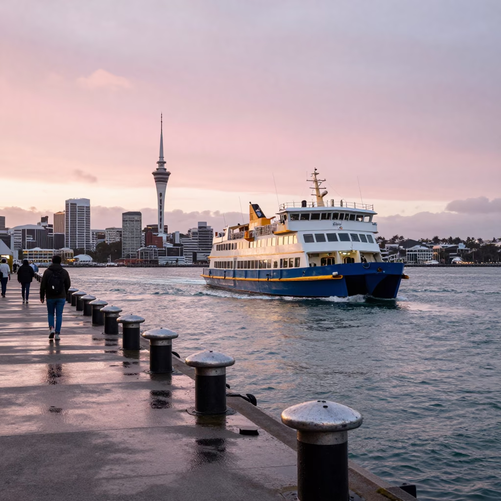 Auckland Ferry Docking at Nautical Dawn Light in in Auckland, New Zealand