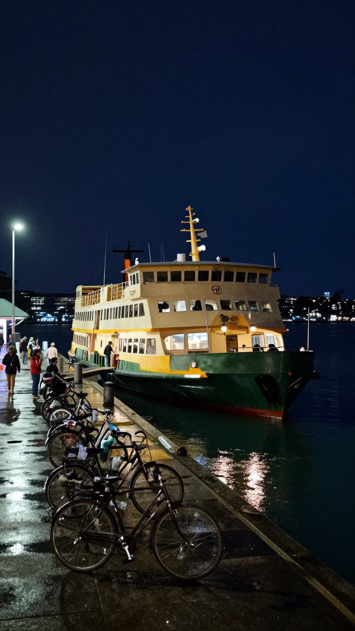 Auckland Ferry Docking at Night with Bicycles and Passengers in Rain in in Auckland, New Zealand