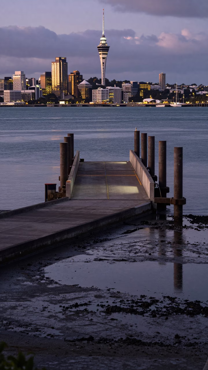 Auckland Ferry Ramp at Twilight with Piling System and City Lights Reflection in in Auckland, New Zealand