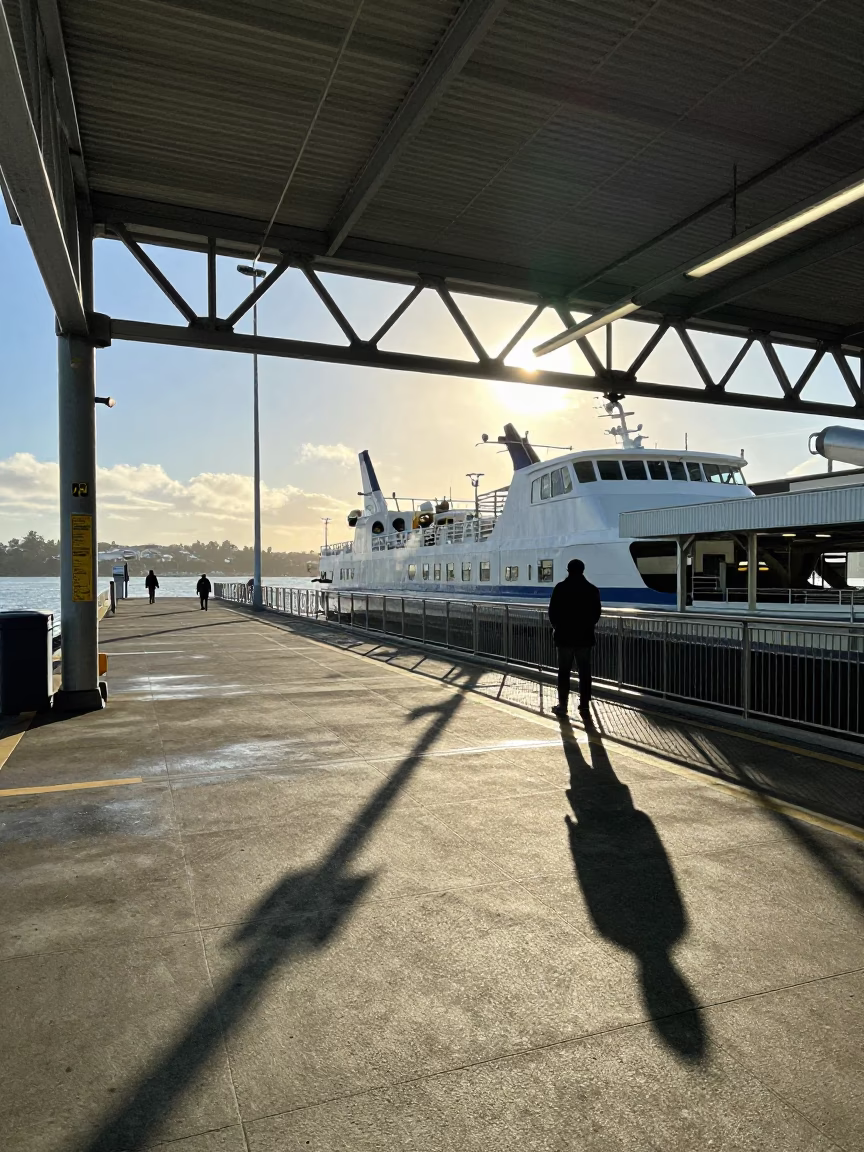 Auckland Ferry Terminal Morning Commute with Wicker Shadow on Kettle Lid in in Auckland, New Zealand