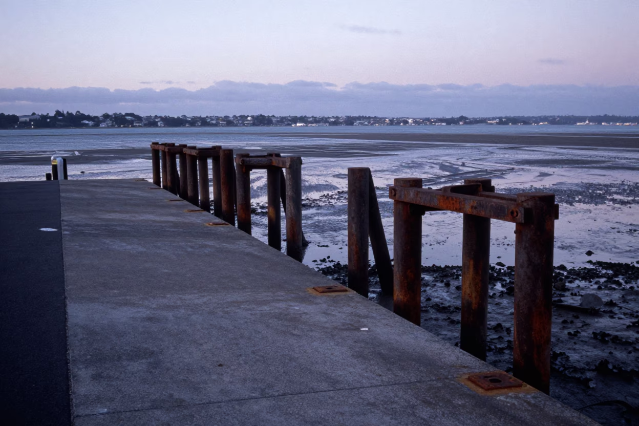 Auckland Ferry Terminal Ramp and Piling System at Low Tide Before Sunrise in in Auckland, New Zealand