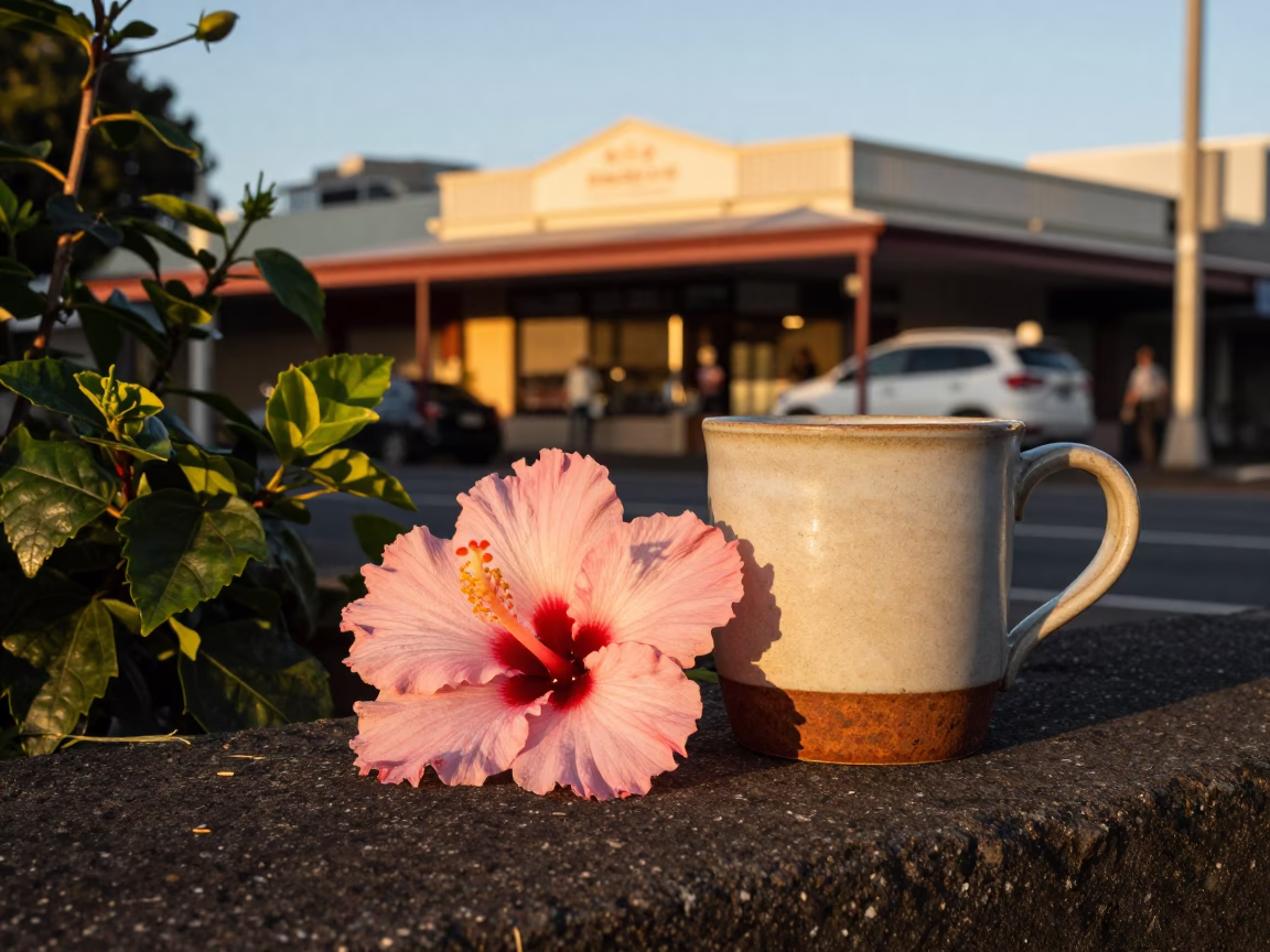 Auckland Golden Hour Hibiscus and Rusty Saucer on Heritage Street Corner in in Auckland, New Zealand
