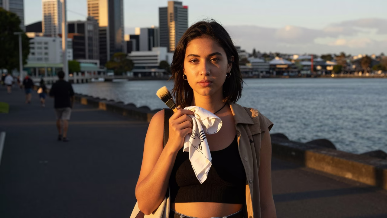 Auckland Golden Hour Street Portrait with Handkerchief and Brush in High Fashion Style in in Auckland, New Zealand
