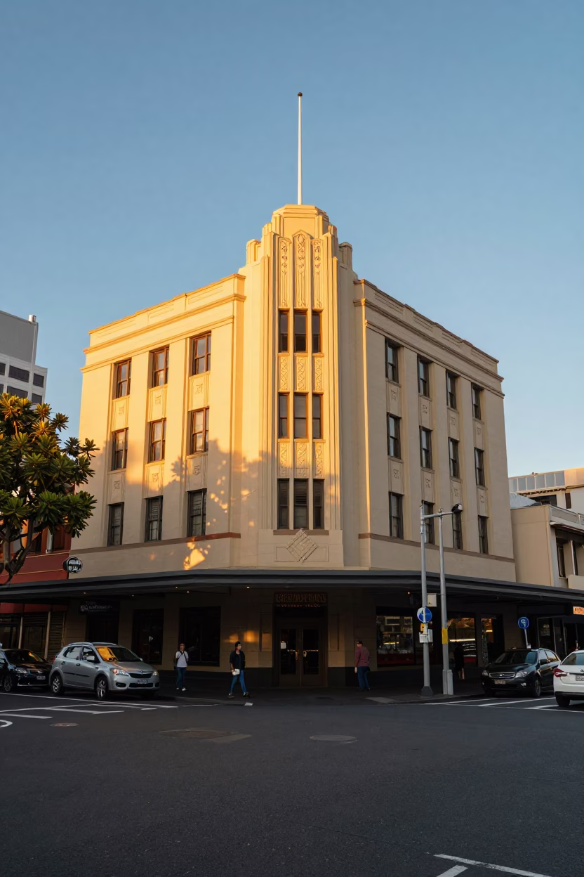 Auckland Golden Hour Street Scene with Art Deco Hotel Facade and Coastal Wind in in Auckland, New Zealand