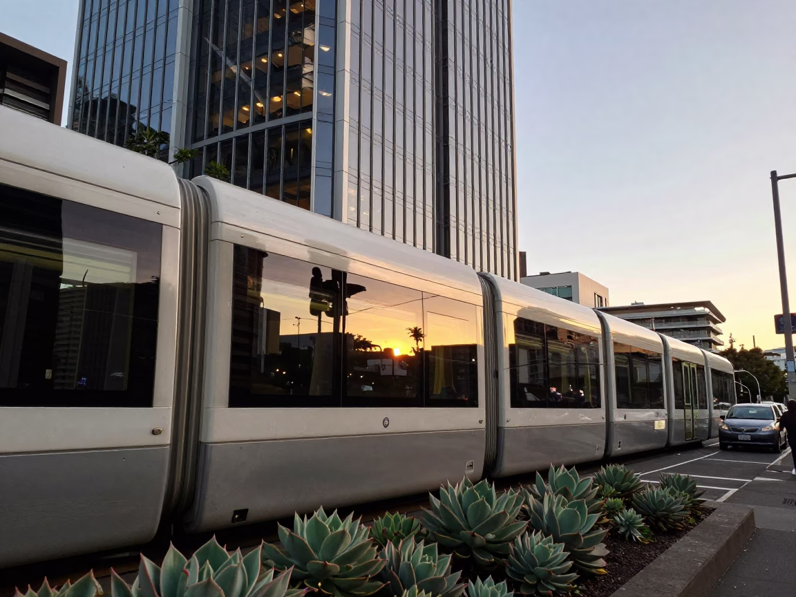 Auckland Golden Hour Street Scene with Monorail Reflection and Succulents in in Auckland, New Zealand