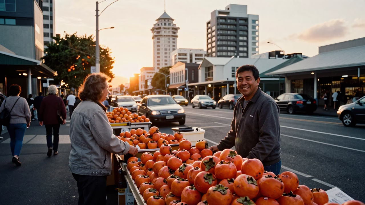 Auckland Golden Hour Street Scene with Persimmons and Urban Life in in Auckland, New Zealand