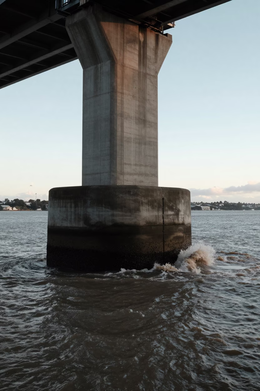 Auckland Harbor Bridge Pier Cutwater Splitting Brown Water in Early Evening Light in in Auckland, New Zealand