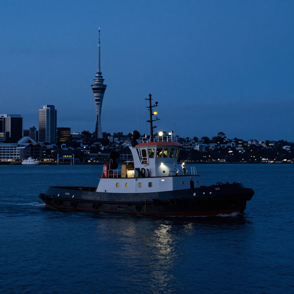 Auckland Harbor Dawn with Tugboat and Lantern Light in Predarkness in in Auckland, New Zealand