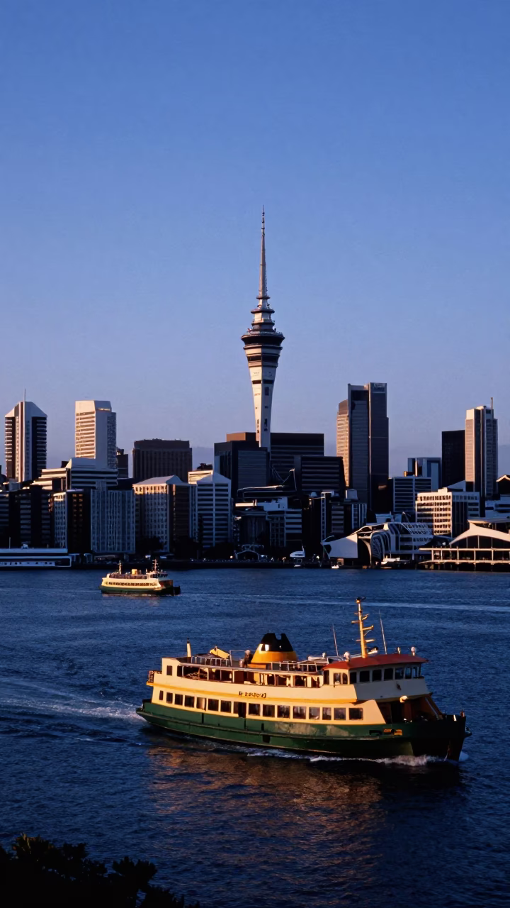 Auckland Harbor Nautical Dawn Skyline with Ferry and City Lights in in Auckland, New Zealand