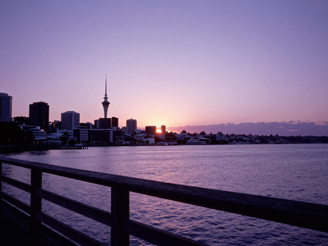 Auckland Harbor Sunset View from Viaduct Harbour Promenade with Condensation on Glass in in Auckland, New Zealand