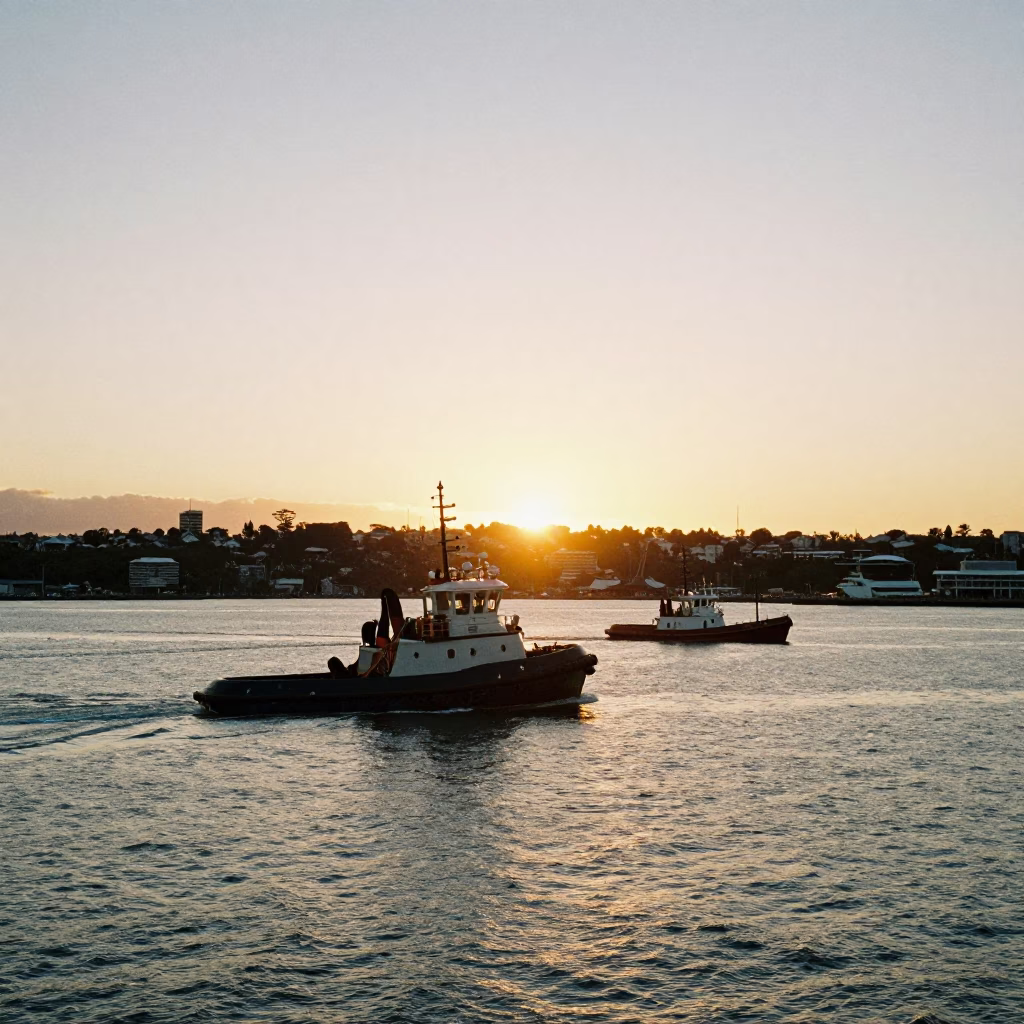 Auckland Harbor Sunset with Tugboat and Junk Boat Activity in in Auckland, New Zealand