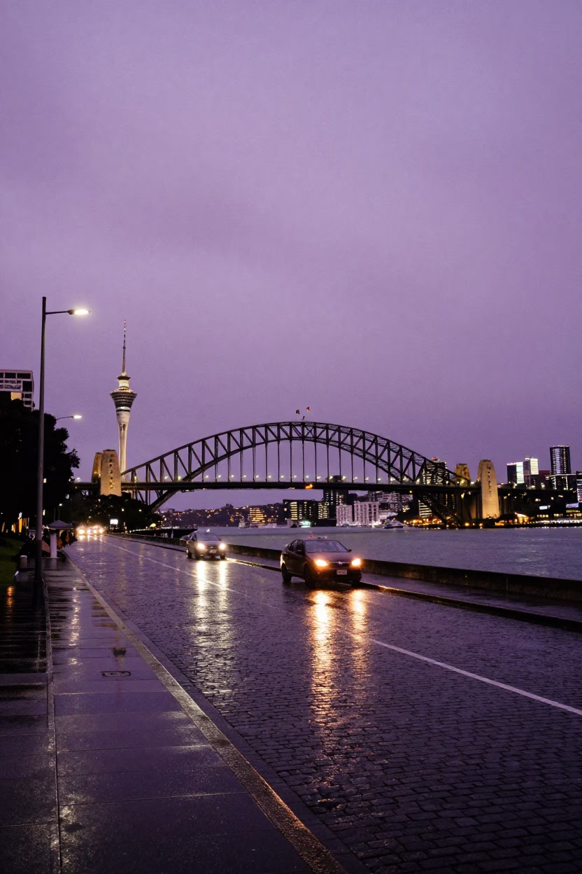 Auckland Harbour Bridge And Sky Tower From Downtown Street Level in in Auckland, New Zealand