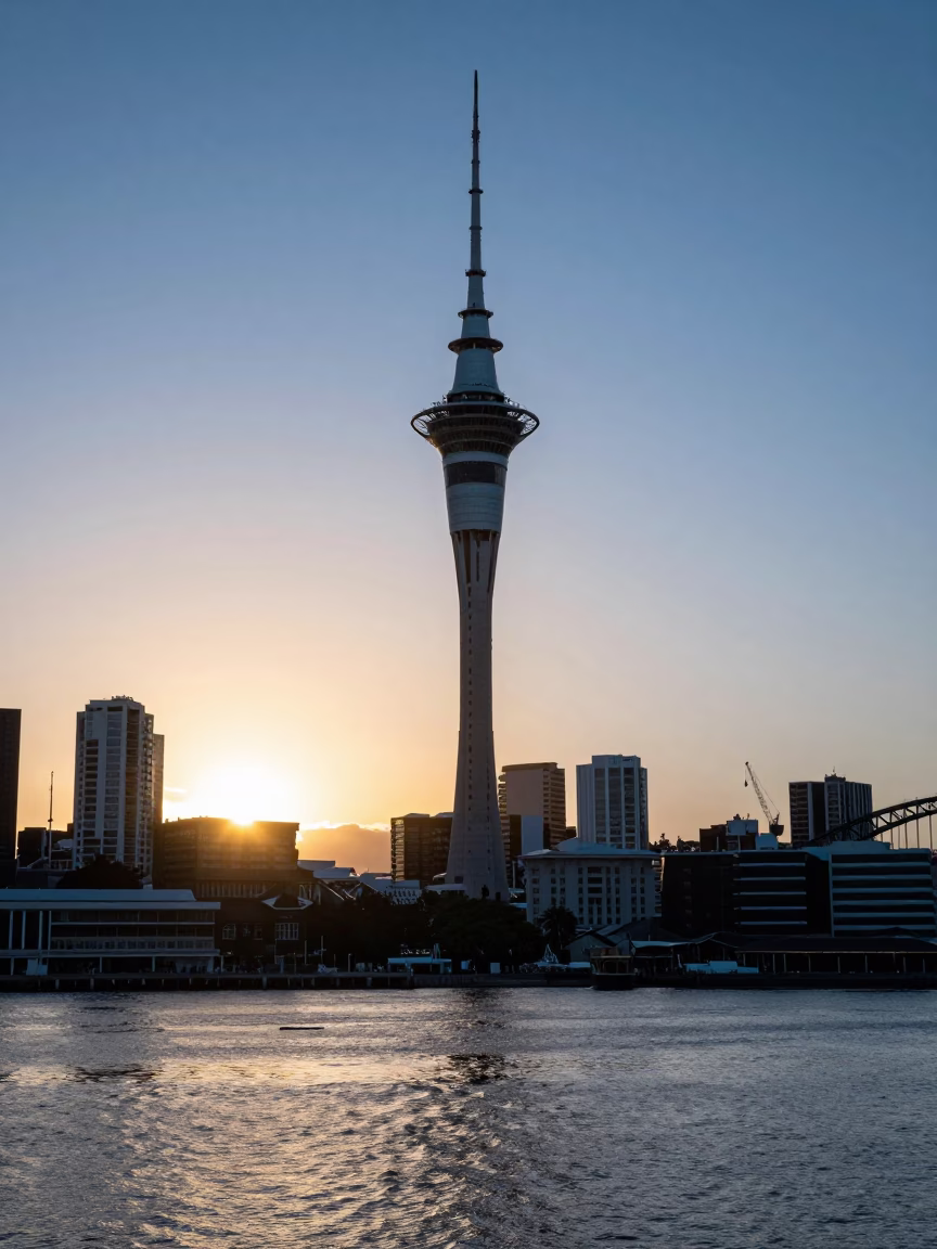 Auckland Harbour Bridge And Sky Tower From Viaduct Harbour at Sunset Light in in Auckland, New Zealand