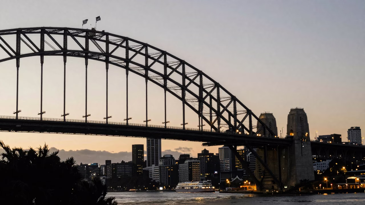 Auckland Harbour Bridge Dawn Traffic Flow with Steel Cables and City Skyline in in Auckland, New Zealand