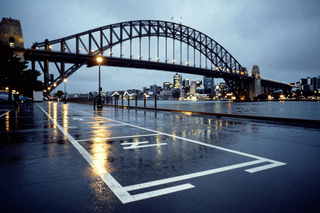 Auckland Harbour Bridge Drawbridge Deck Markings Shining Under Harbor Drizzle at Dusk in in Auckland, New Zealand